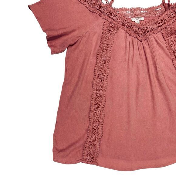Pinky Blouse Women M Pink Lace Trim Feminine Romantic Bohemian Coastal Beach Top - Picture 3 of 15